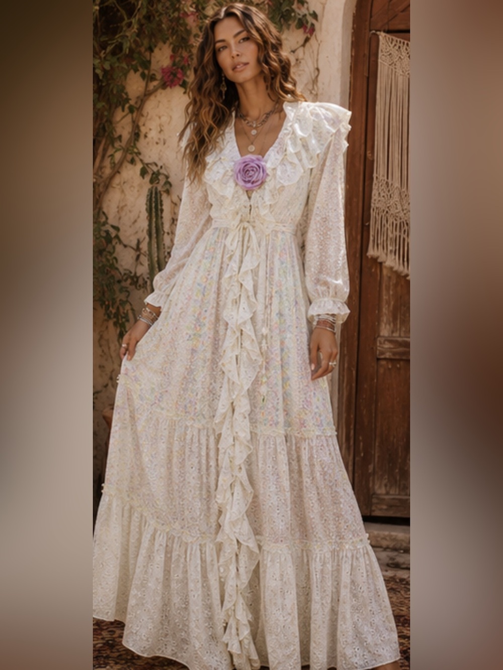 Romantic Ruffled Eyelet Maxi Dress in Cream with Pastel Floral Detail
